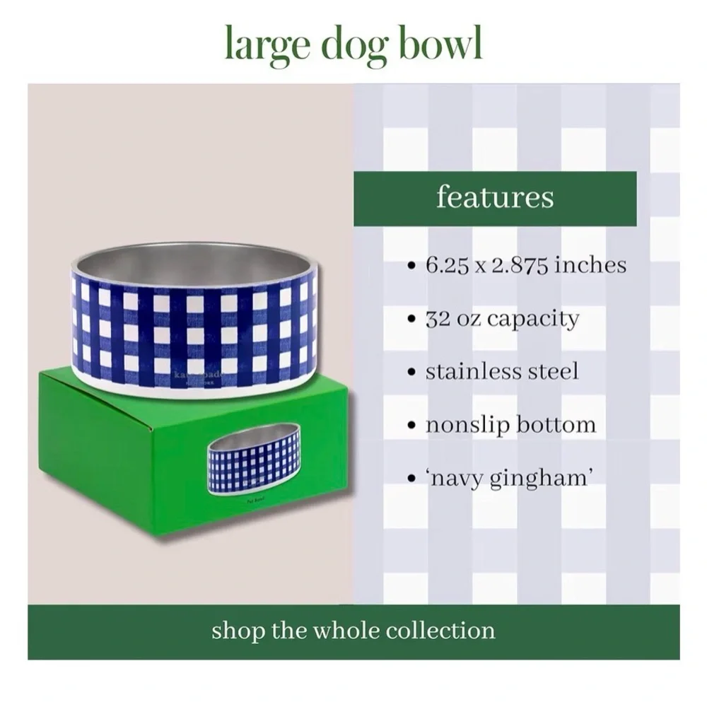 Kate Spade Dog Dish for Food and Water, Stainless Steel for Dogs, Navy Gingham